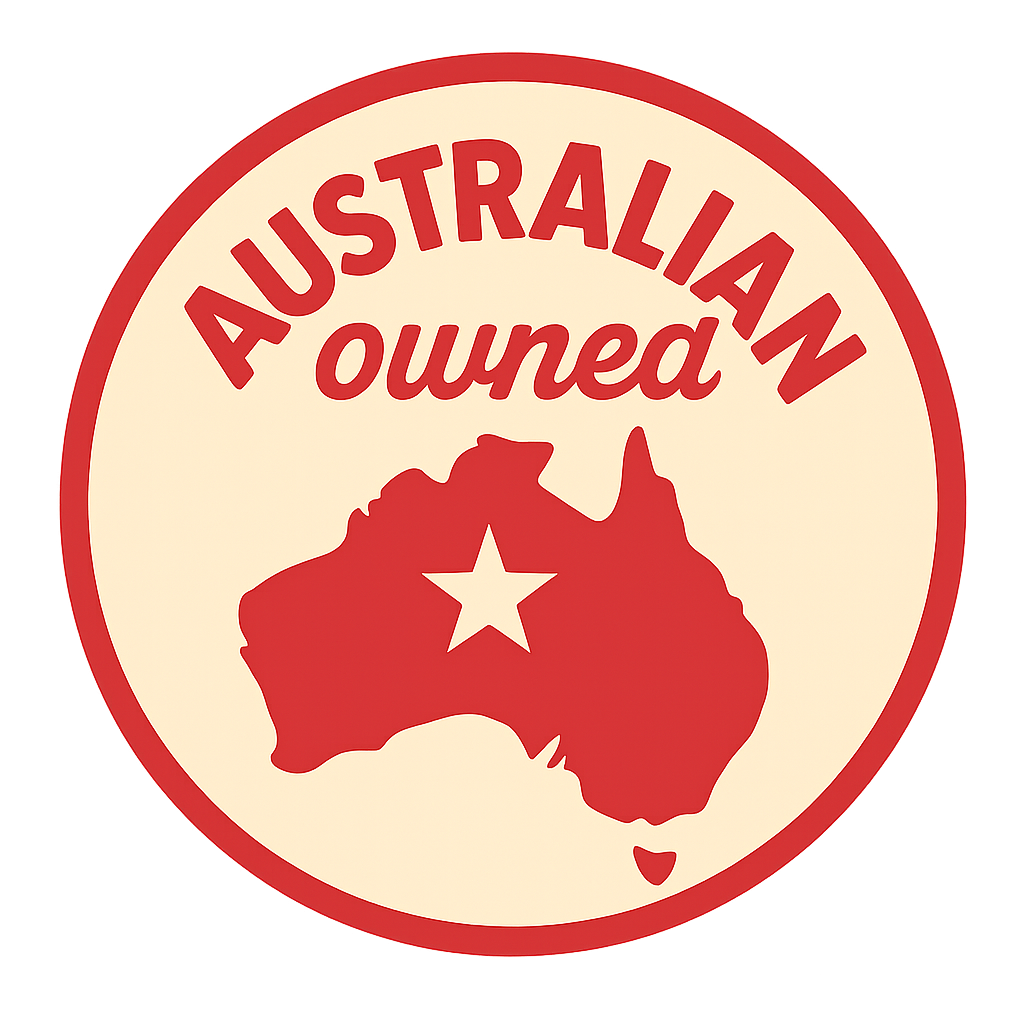 Circular logo with a map of Australia and 'Australian owned' text on a beige background