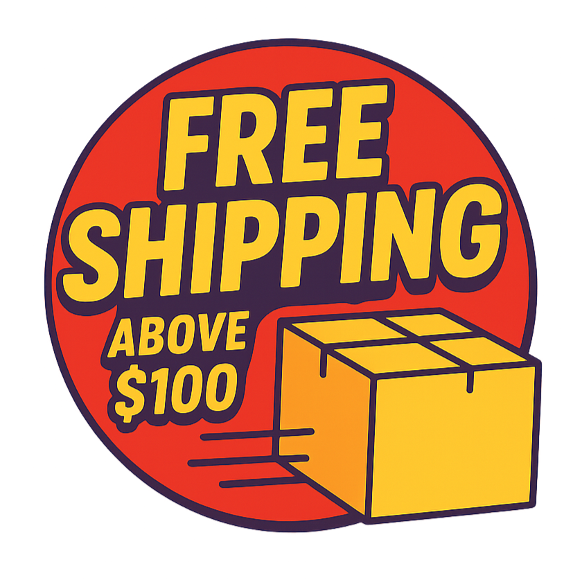 Free shipping above $100 logo with a red circle and yellow box on a white background

