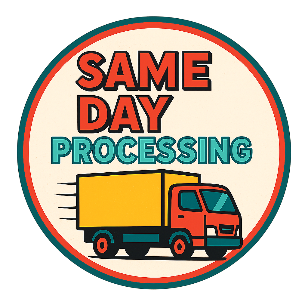 Circular logo with a truck and 'Same Day Processing' text on a beige background